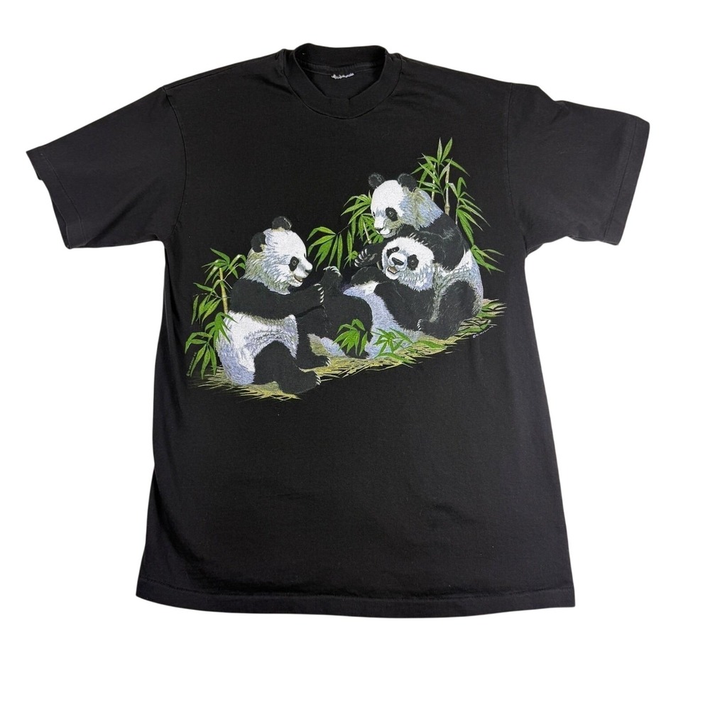 Vintage 1991 Harlequin MG Panda Bear Single Stitch Graphic T-Shirt Black Medium - Picture 1 of 6